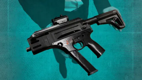 Getty/BBC Graphic showing a 3D printed gun with a person's silhouette holding it up. 