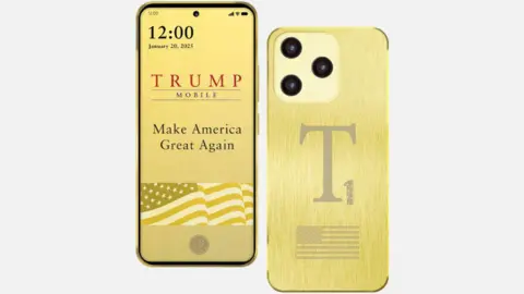 Trump Mobile The front and back of the gold coloured Trump phone