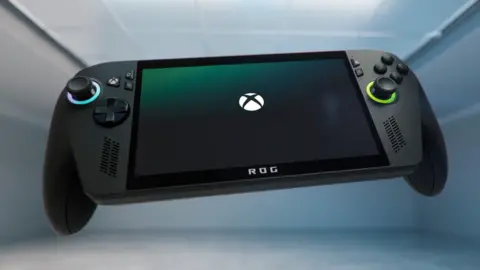 Xbox The Xbox Rog Ally has a large screen with half a controller either side of it - visually very similar to the Nintendo Switch 2 or the Steam Deck.` 