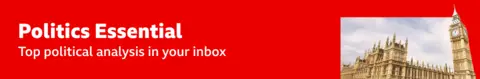 Thin, red banner promoting the Politics Essential newsletter with text saying,