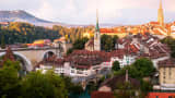 Bern Skyline taken from the Rosengarten at sunrise in Switzerland.
Church centre: Nydeggkirche
Cathedral right: Berner Münster
Bridge left: Nydeggbrücke