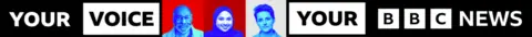BBC Your Voice, Your BBC News banner image. The text is in back and white. There are head and shoulder shots of a diverse range of people who are coloured blue and against red backgrounds.