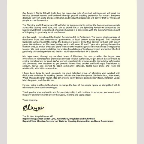 House of Commons The second sheet of Angela Rayner's resignation letter. 