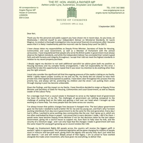 House of Commons The first sheet of Angela Rayner's letter