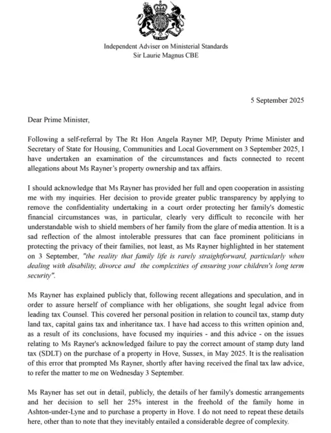 Downing Street The first page of Sir Laurie Magnus's letter from the Independent Adviser on Ministerial Standards, acknowledging Angela Rayner broke the Ministerial Code. 