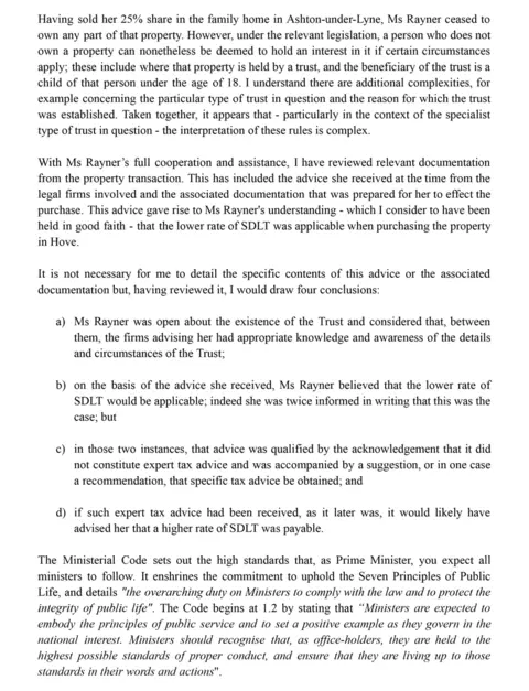 Downing Street The second page of Sir Laurie Magnus's  letter from the e Independent Adviser on Ministerial Standards, acknowledging Angela Rayner broke the Ministerial Code. 