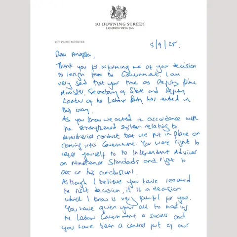 Downing Street The first page of Sir Keir Starmer's handwritten letter acknowledging Angela Rayner's resignation. It is written in blue ink. 