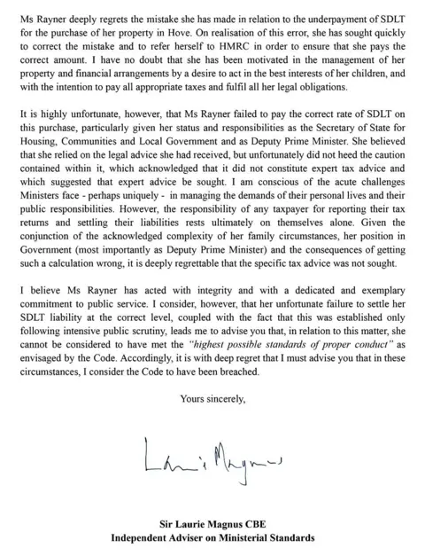 Downing Street The third  page of Sir Laurie Magnus's  letter from the e Independent Adviser on Ministerial Standards, acknowledging Angela Rayner broke the Ministerial Code. 