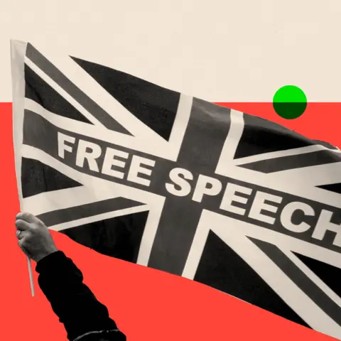 BBC A treated image of a person holding a flag that reads:
